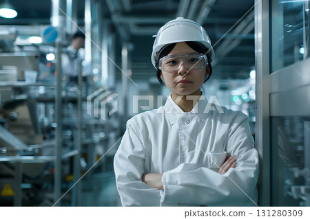 在乾淨的工廠工作的日本工人的肖像（白色工作服） 131280309