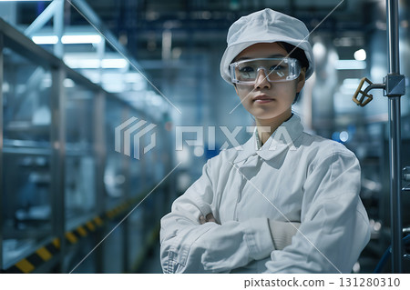 在乾淨的工廠工作的日本工人的肖像（白色工作服） 131280310