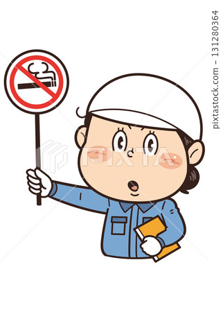 [禁止吸煙] 一名女工在工廠或現場工作時舉著禁止吸煙標誌的插圖 131280364