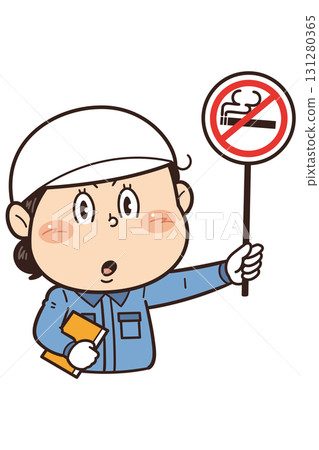 [禁止吸煙] 一名女工在工廠或現場工作時舉著禁止吸煙標誌的插圖 131280365
