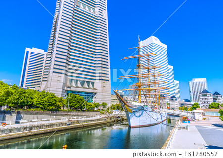 Yokohama cityscape, Japan, September 26. View of Yokohama Landmark Tower and Nippon Maru in front of Sakuragicho Station. 131280552