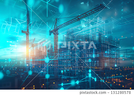 A futuristic construction site scene fused with a digital HUD 131280578