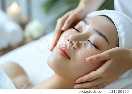 Japanese woman receiving a facial treatment at a spa 131280593
