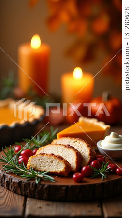 Warm Thanksgiving Celebration Featuring Pumpkin Pie and Bread on Rustic Platter 131280628