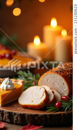 Festive Warm Thanksgiving Display with Turkey Loaf and Pumpkin Pie 131280629