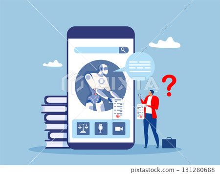 Businessman uses smartphone for consulting with Artificial intelligence technology. Online legal advice. Big smartphone, justice and law application.vector 131280688