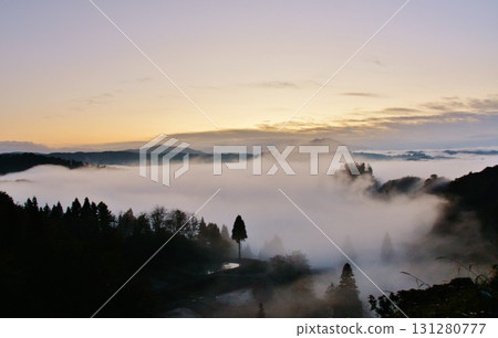 黎明時分,山古志梯田與梯田池塘與雲海 黎明時分,山古志梯田與梯田池塘與雲海 131280777