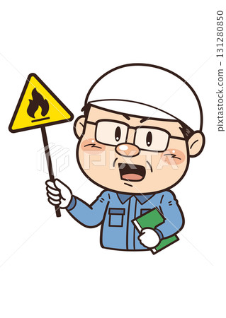 [Flammable materials] Illustration of a male worker working in a factory or on-site holding a warning sign | Unsafe behavior, unsafe conditions, and workplace accidents 131280850