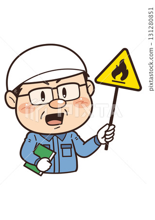 [Flammable materials] Illustration of a male worker working in a factory or on-site holding a warning sign | Unsafe behavior, unsafe conditions, and workplace accidents 131280851