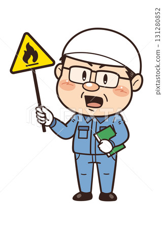 [易燃材料] 工廠或現場工作的男性工人手持警告牌的插圖 | 不安全行為、不安全條件和工作場所事故 131280852