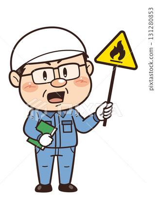 [Flammable materials] Illustration of a male worker working in a factory or on-site holding a warning sign 131280853