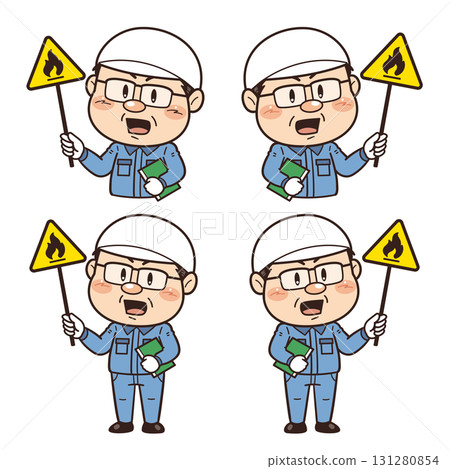 [易燃材料] 工廠或現場工作的男性工人手持警告牌的插圖 | 不安全行為、不安全條件和工作場所事故 131280854