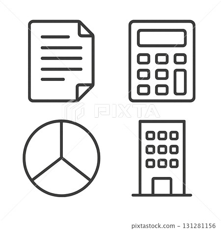 Set of 4 line icons of documents, calculator, pie chart, and office building / Business, accounting, data analysis, company image 131281156