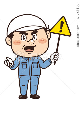 [警告] 一名男工人在工廠或現場工作時舉著警告牌的插圖 131281190