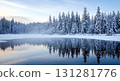 Winter scenery reflected on the mirror-like surface of the lake 131281776