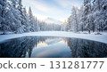 Winter scenery reflected on the mirror-like surface of the lake 131281777