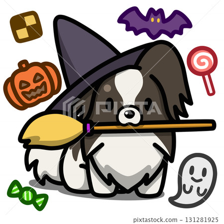 萬聖節服裝中的白色和黑色蝴蝶犬 萬聖節服裝中的白色和黑色蝴蝶犬 131281925