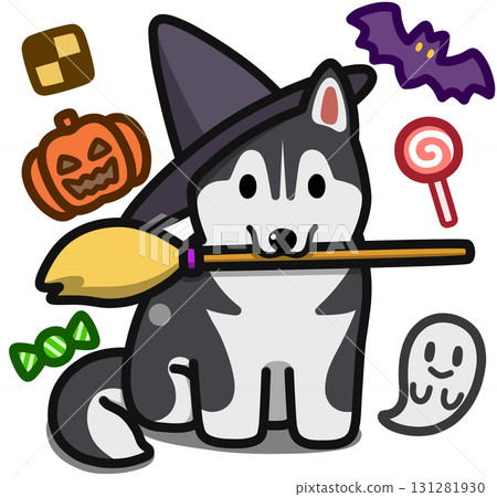 Black Siberian Husky in Halloween costume 131281930