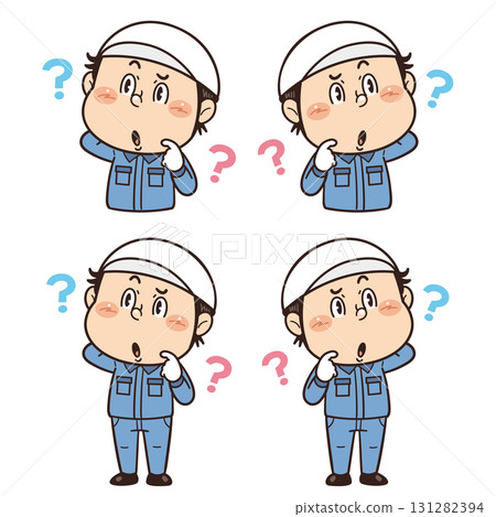 Illustration of a male worker working in a factory or on-site frowning and thinking 131282394
