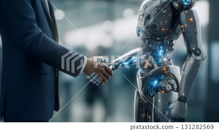 Human and robot shaking hands AI collaboration concept 131282569