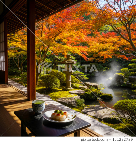 Rice dumplings and autumn leaves in a Japanese garden 131282789