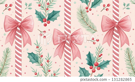 Seamless Christmas pattern, elegant red ribbon bows with holly leaves and clusters of red berries background  Seamless Christmas pattern, elegant red ribbon bows with holly leaves and clusters of red berries background  131282865