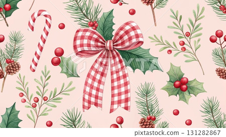 Seamless Christmas pattern, elegant red ribbon bows with holly leaves and clusters of red berries background  131282867
