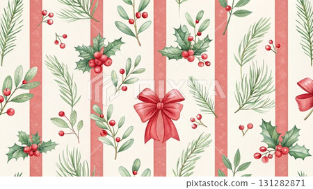 Seamless Christmas pattern, elegant red ribbon bows with holly leaves and clusters of red berries background  131282871