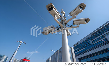 A sleek, high-resolution security camera is mounted on the exterior wall of a modern. a close-up image showcases the sleek profile of a modern security camera mounted on a wall. A high-resolution secu 131282964