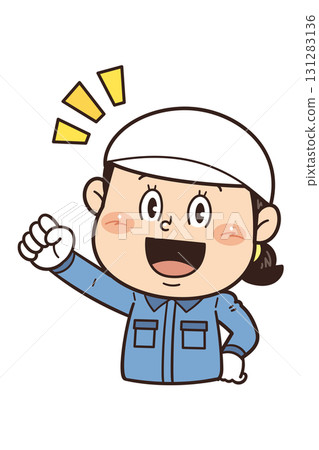 An illustration of a female worker working in a factory or on-site clenching her fist and showing motivation 131283136
