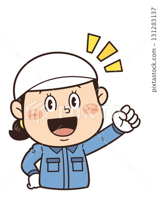 An illustration of a female worker working in a factory or on-site clenching her fist and showing motivation 131283137