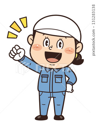 An illustration of a female worker working in a factory or on-site clenching her fist and showing motivation 131283138