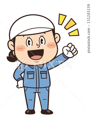 An illustration of a female worker working in a factory or on-site clenching her fist and showing motivation 131283139