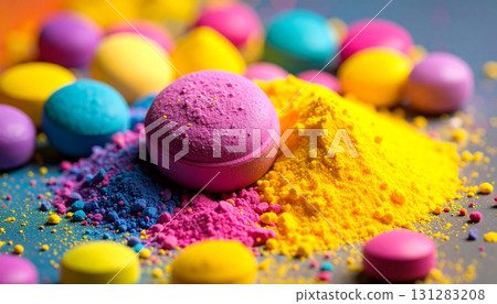 彩色粉末和圓丸特寫 彩色粉末和圓丸特寫 131283208