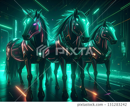 Three neon green futuristic mechanical horses Three neon green futuristic mechanical horses 131283242