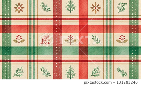 Seamless plaid pattern with thick red stripes, thin green lines background  131283246