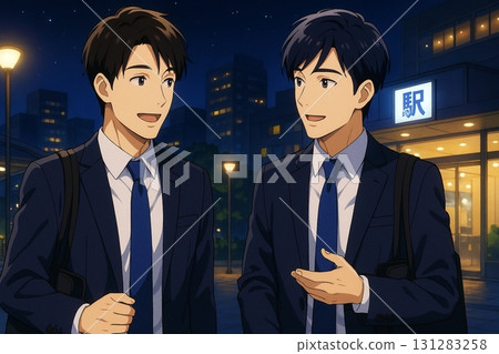 晚上，穿著西裝的男員工在車站前聊天 131283258