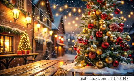 A cozy Christmas street scene, decorated Christmas tree with golden and red ornaments background  131283471