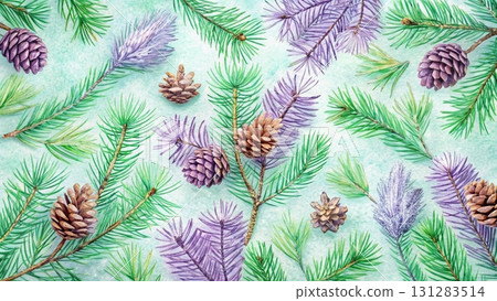 Child-like drawing of pine branches with cones, scribbled style, drawn by toddler background  131283514