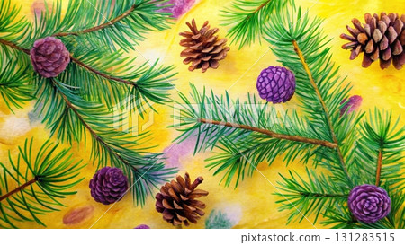 Child-like drawing of pine branches with cones, scribbled style, drawn by toddler background  131283515