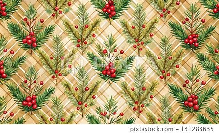 Seamless Christmas pattern, diagonal plaid in warm terracotta red and beige background  131283635