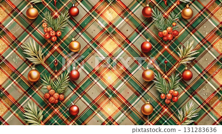 Seamless Christmas pattern, diagonal plaid in warm terracotta red and beige background  131283636