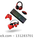 Gaming keyboard, mouse, controller and headphones floating in air, isolated on white background with clipping path. 131283701