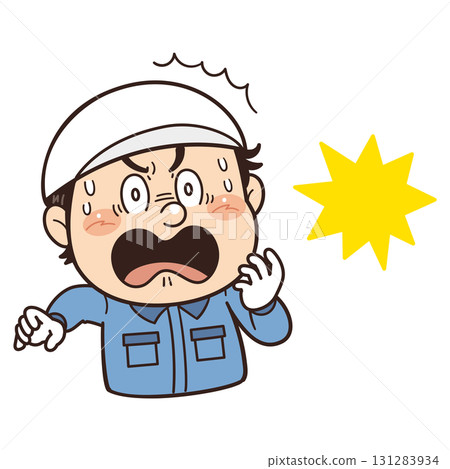 Illustration of a male worker in a factory or on-site looking panicked and surprised | Unsafe behavior, unsafe conditions, and workplace accidents 131283934