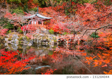 Pavilion pagoda and red bridge in Daigo-ji temple with fall color, Kyoto 131284044