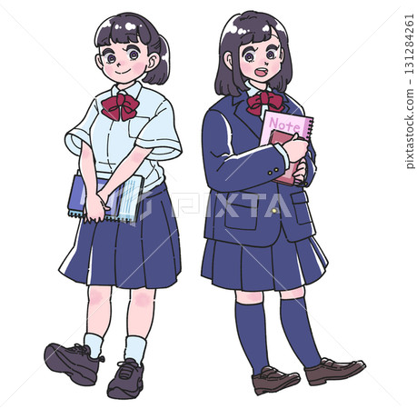 身穿夏季和冬季制服的女學生全身插圖 131284261