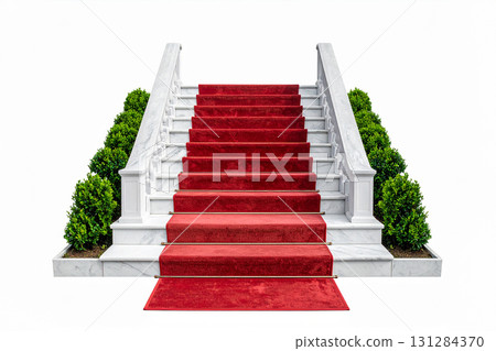 a marble staircase with a red carpet 131284370