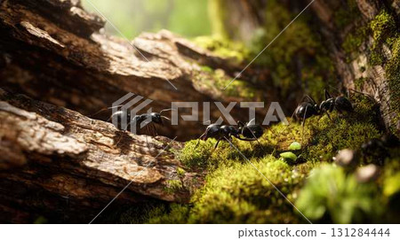 Close Up of Carpenter Ants on Rotting Wood with Forest Floor and Mossy Bark Nature Wallpaper 131284444