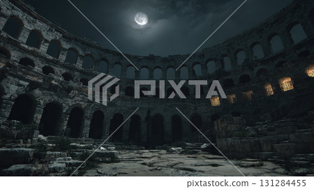 Ancient Roman coliseum ruins under moonlight, dramatic shadows, historic stone architecture 131284455