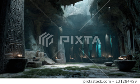 Ancient alien ruin interior with stone pillars, glowing blue light, mysterious atmosphere Ancient alien ruin interior with stone pillars, glowing blue light, mysterious atmosphere 131284459